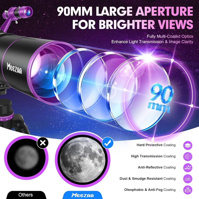 MEEZAA Telescope, Telescope for Adults High Powered, 90mm Aperture 550mm Portable Professional Refractor Telescopes for Kids & Astronomy Beginners with Tripod, Phone Adapter, Carry Bag & Moon Filter - Image 2